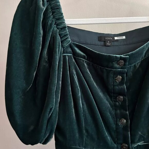 J Crew Green Velvet Puff Sleeve Midi Dress Sz 2 (Hemmed) - Picture 4 of 5